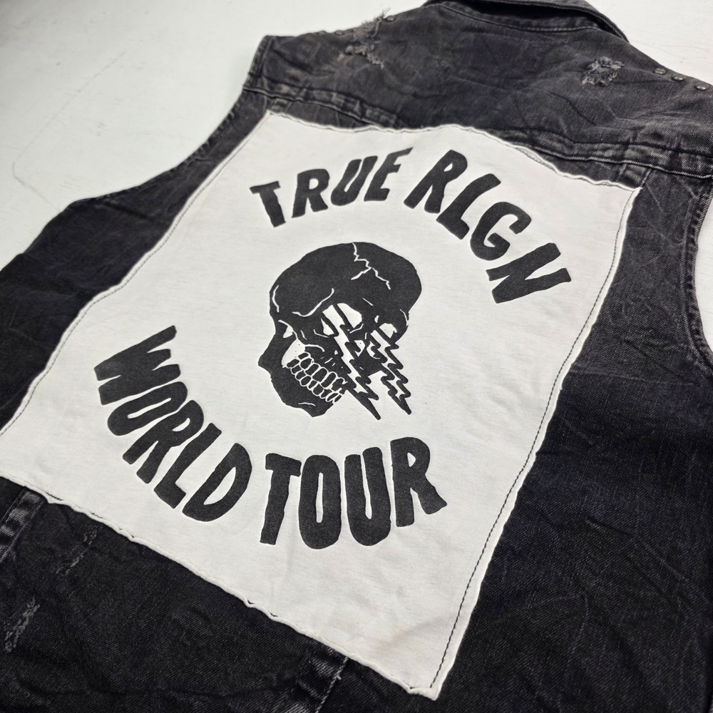 True Religion Distressed Jimmy Western Denim Vest Jacket Black Concrete Men's S - Picture 10 of 16